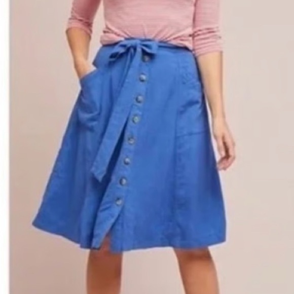 Anthropologie Blue Midi A-Line Skirt with Tie Front 4 - Picture 1 of 8